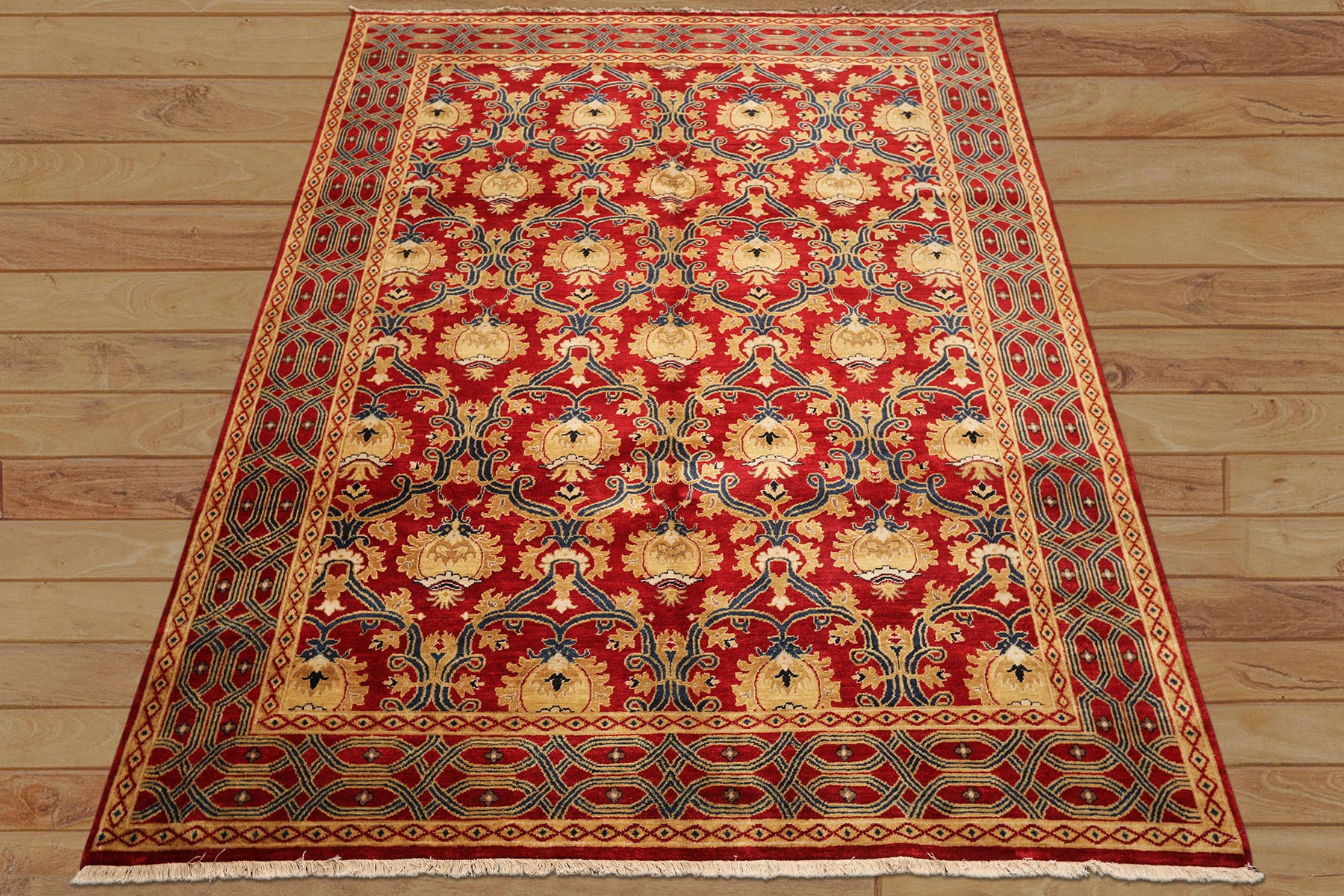 8x10 Red, Gold, Navy Color Hand Knotted Agra Wool Traditional Oriental Rug