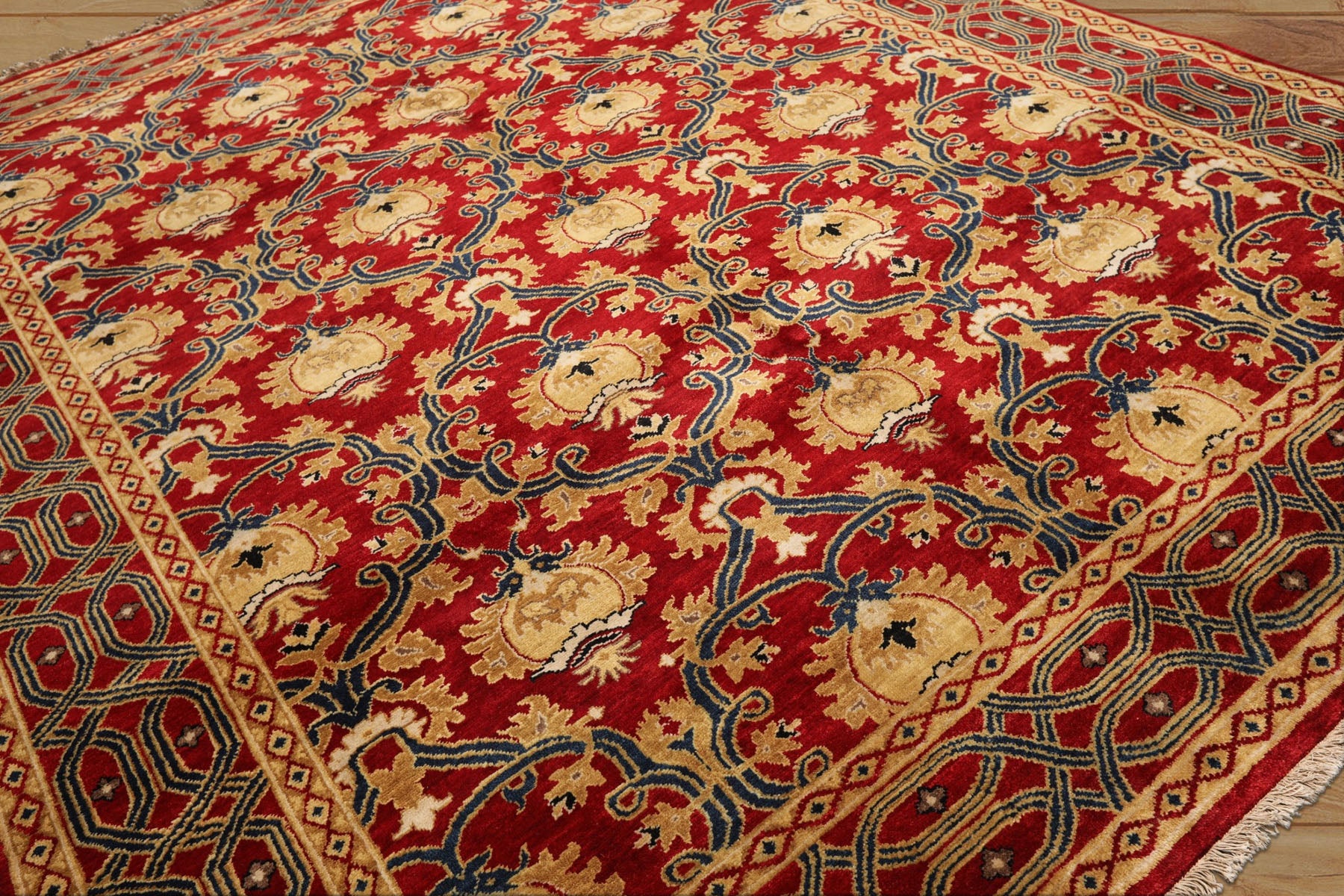 8x10 Red, Gold, Navy Color Hand Knotted Agra Wool Traditional Oriental Rug