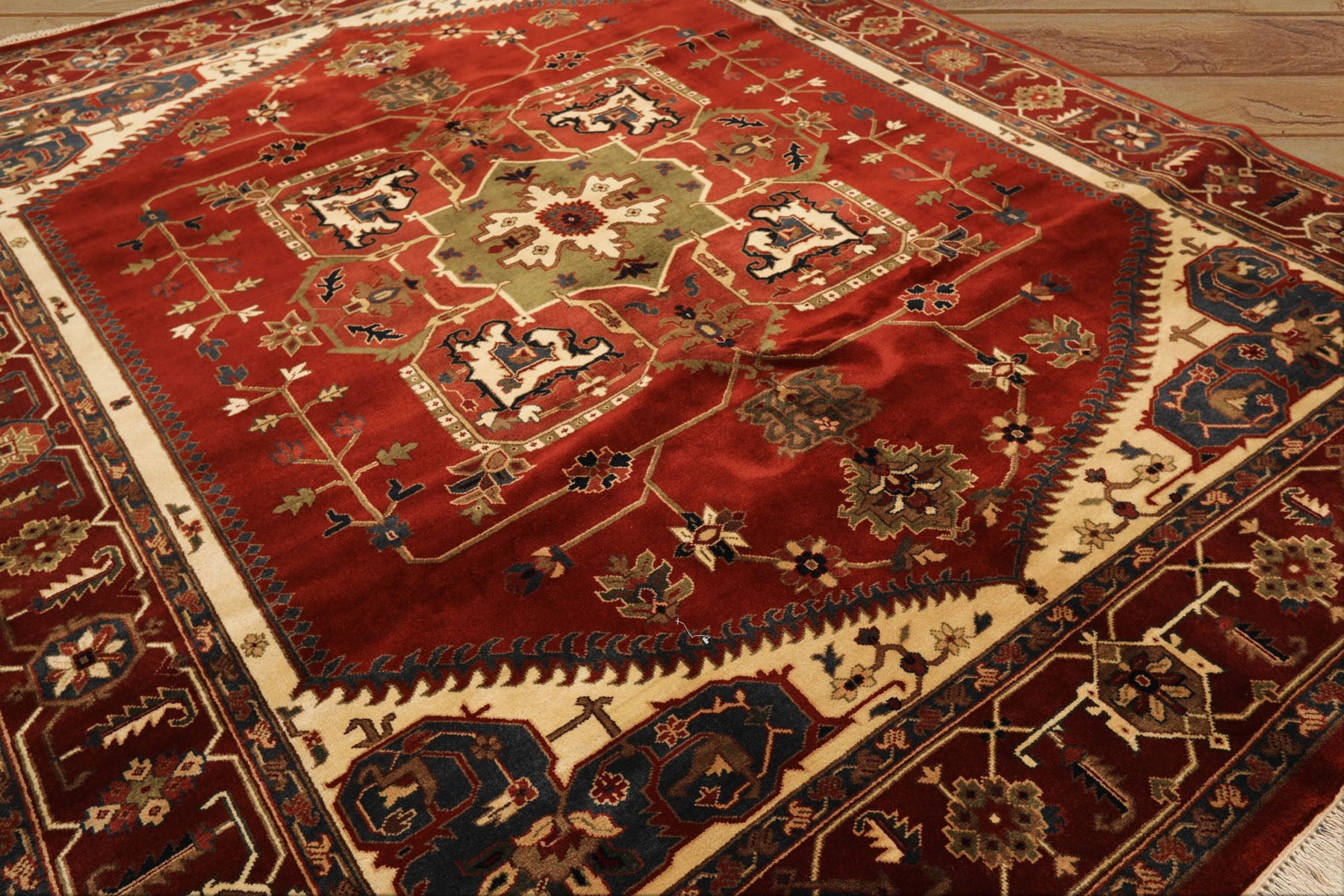 8x10 Rust, Maroon, Ivory Color Hand Knotted Indo Heriz Wool Traditional Oriental Rug
