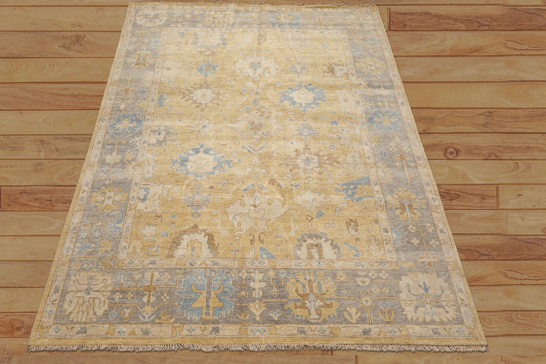 8x10 Light Gold, Gray, Aqua Color Hand Knotted Oushak Wool Traditional Oriental Rug