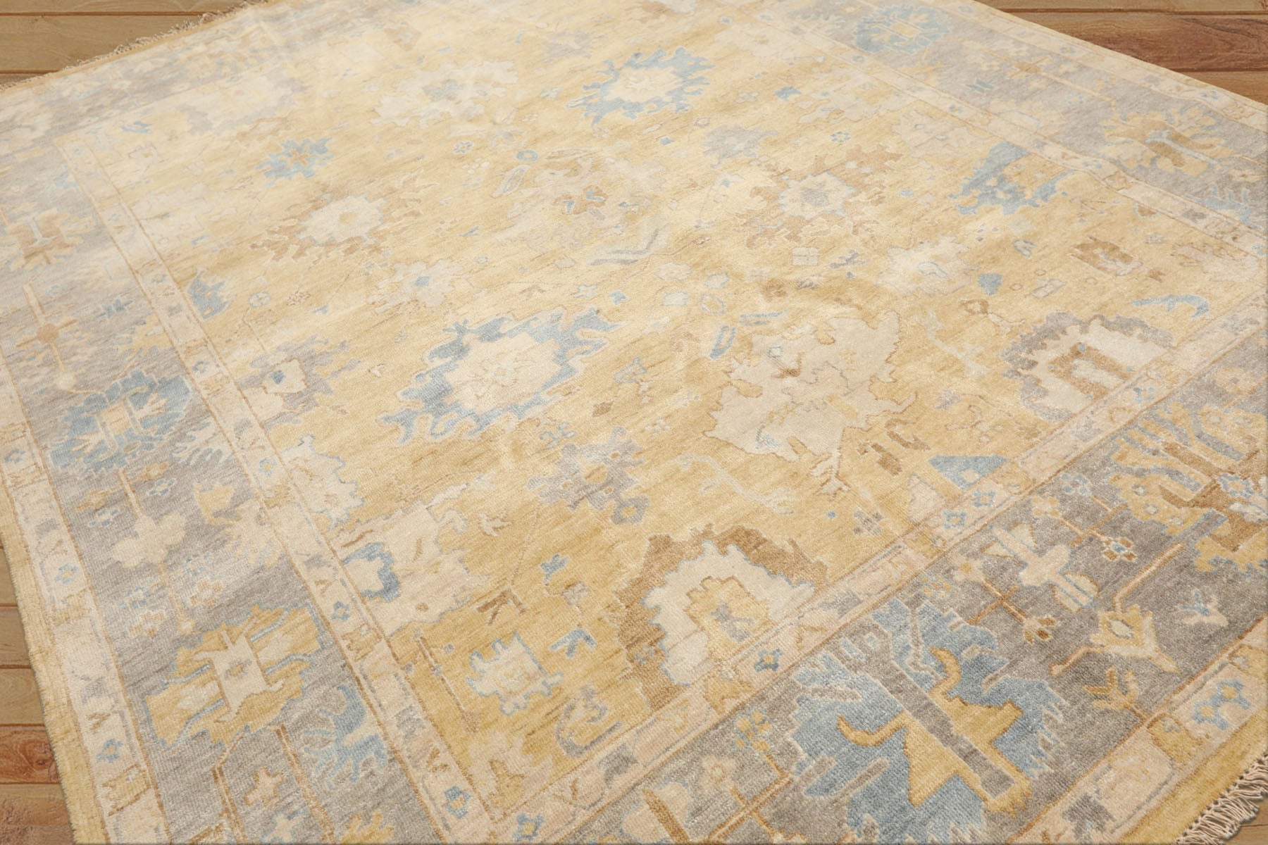 8x10 Light Gold, Gray, Aqua Color Hand Knotted Oushak Wool Traditional Oriental Rug