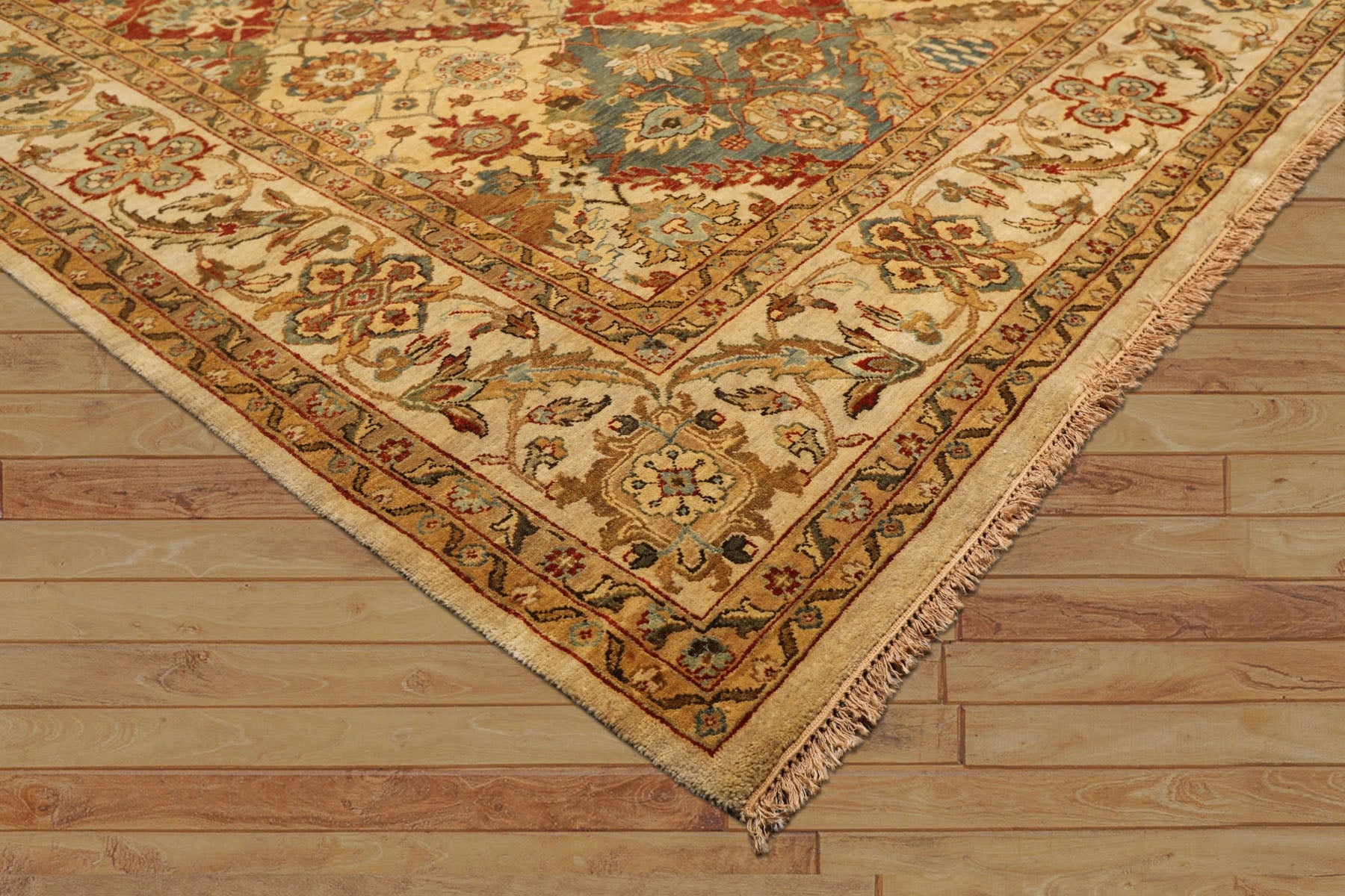 8x10 Beige, Tan, Aqua Color Hand Knotted Agra Wool Transitional Oriental Rug