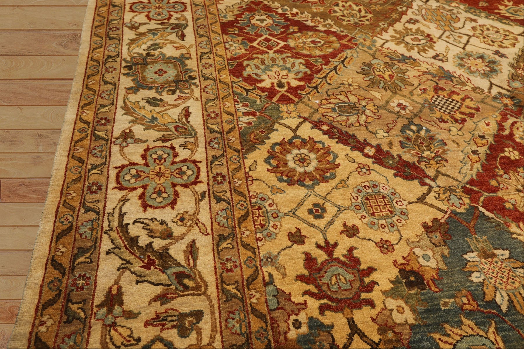 8x10 Beige, Tan, Aqua Color Hand Knotted Agra Wool Transitional Oriental Rug
