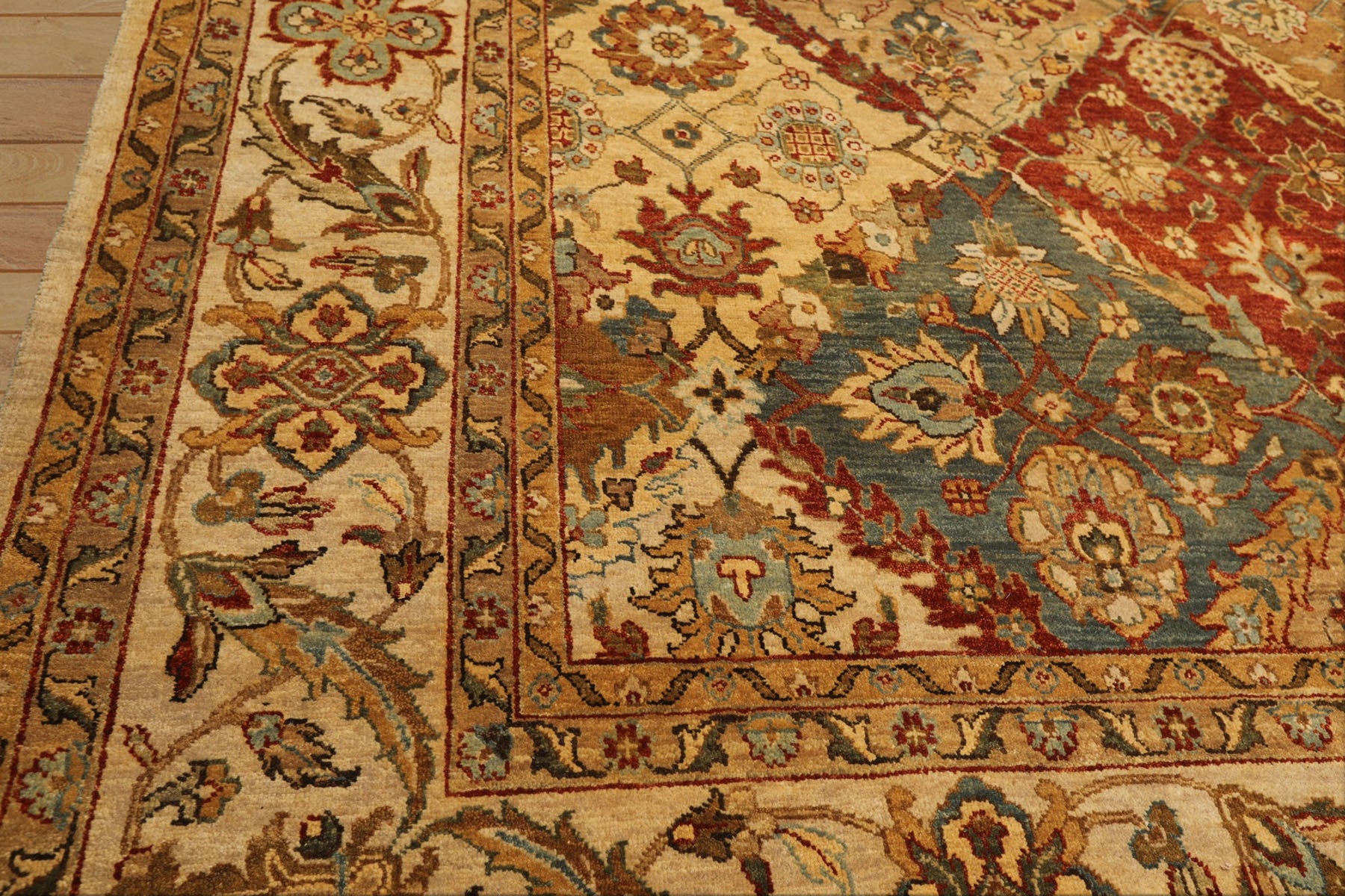 8x10 Beige, Tan, Aqua Color Hand Knotted Agra Wool Transitional Oriental Rug