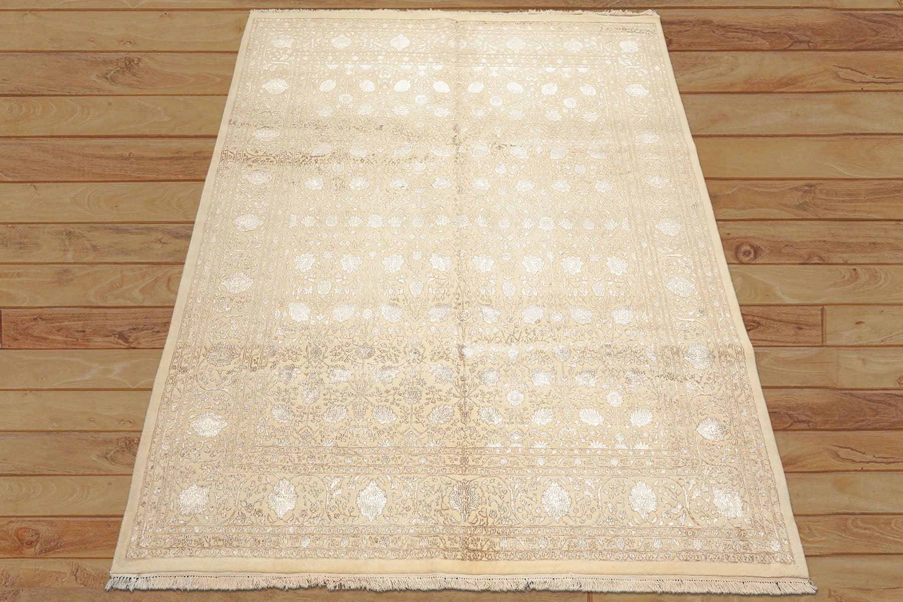 8x10 Ivory, Tan, Color Hand Knotted Tibetan Wool & Bamboo Silk Traditional Oriental Rug