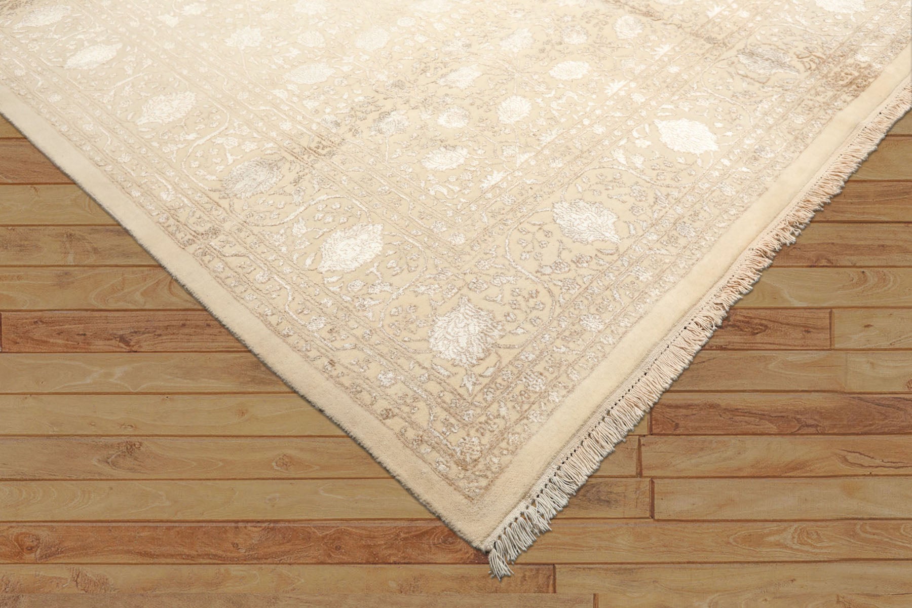 8x10 Ivory, Tan, Color Hand Knotted Tibetan Wool & Bamboo Silk Traditional Oriental Rug