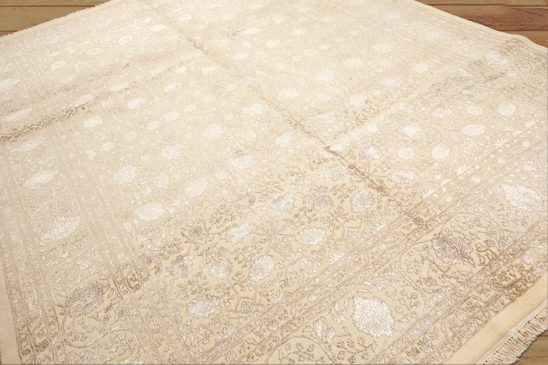 8x10 Ivory, Tan, Color Hand Knotted Tibetan Wool & Bamboo Silk Traditional Oriental Rug