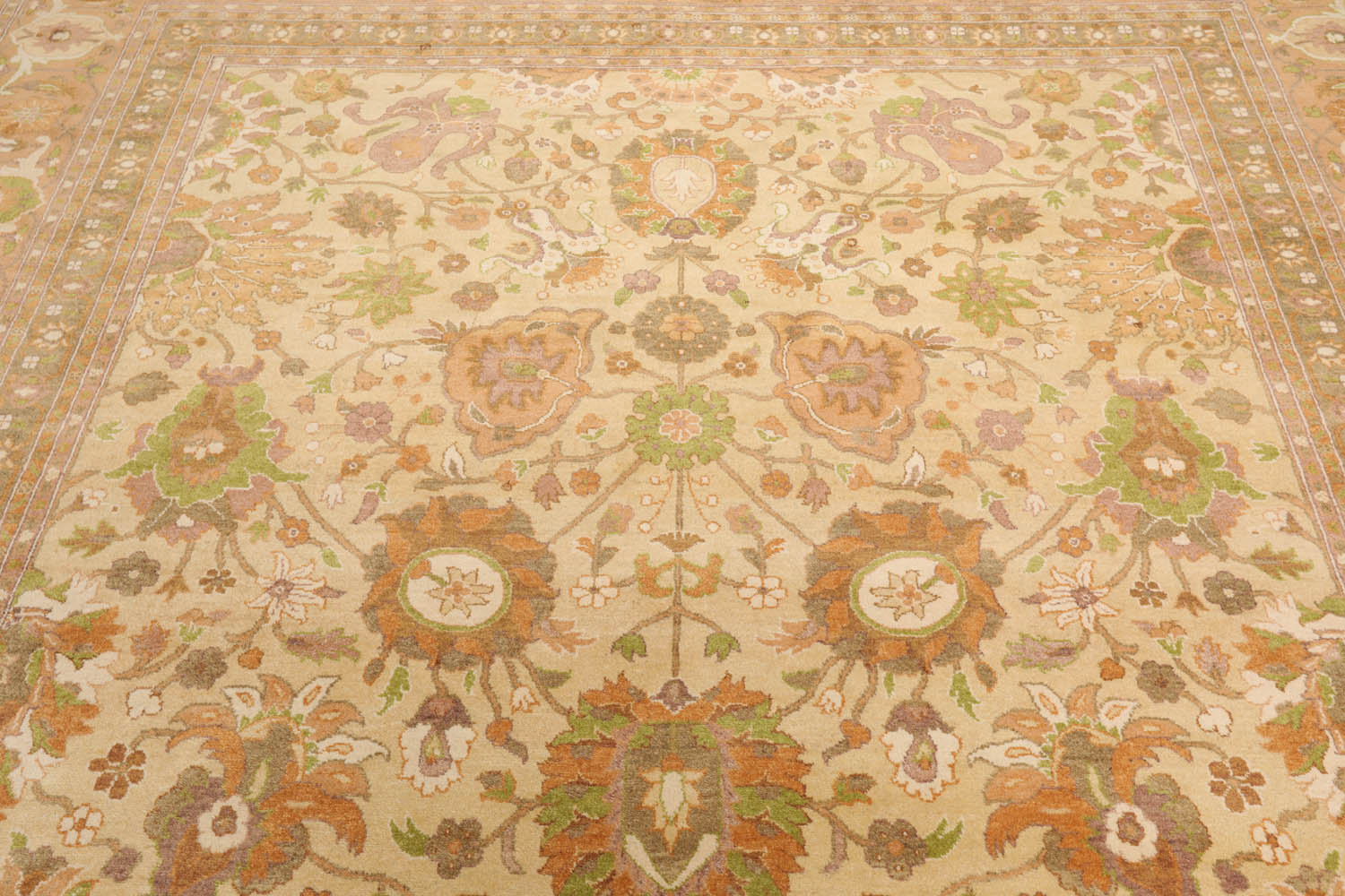 9x12 Beige, Peach, Ivory Color Hand Knotted All-Over 100% Wool Traditional Oriental Rug
