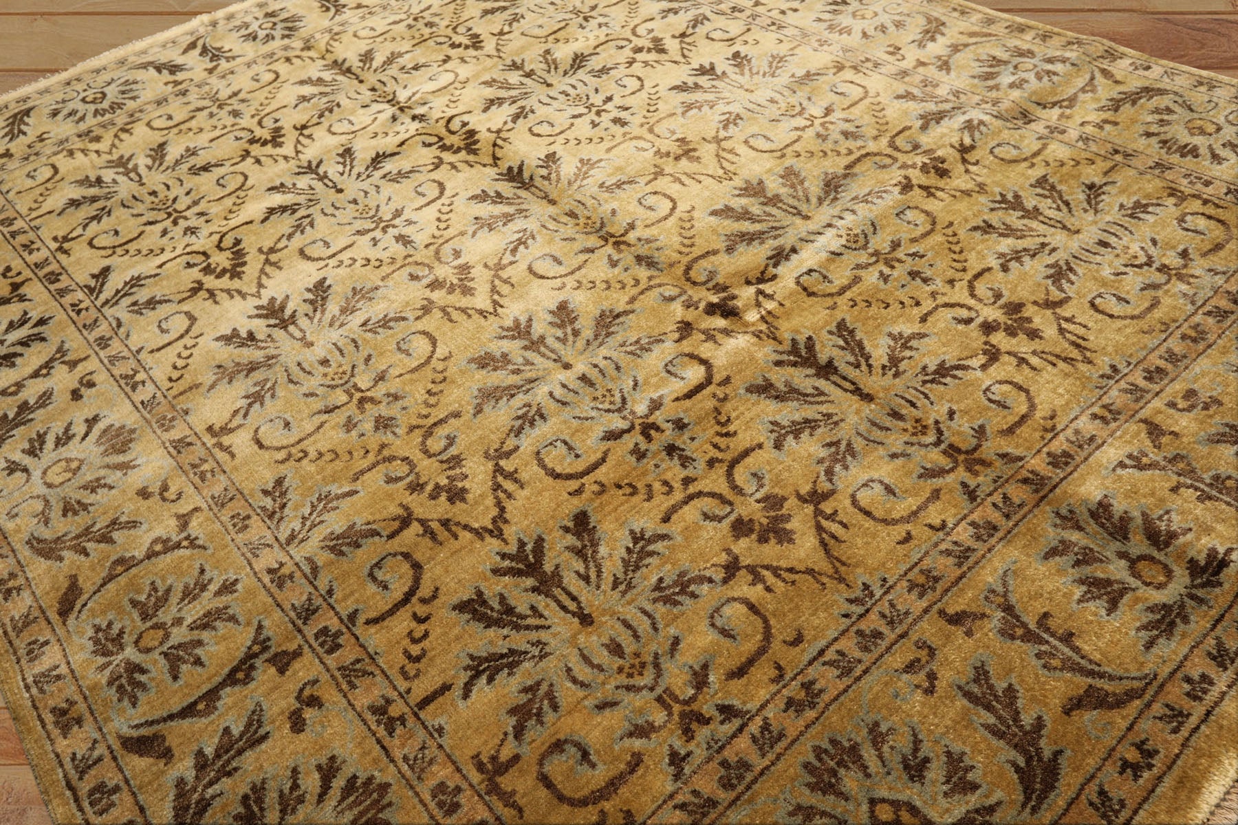 8x10 Gold, Brown, Aqua Color Hand Knotted Oushak Wool Transitional Oriental Rug