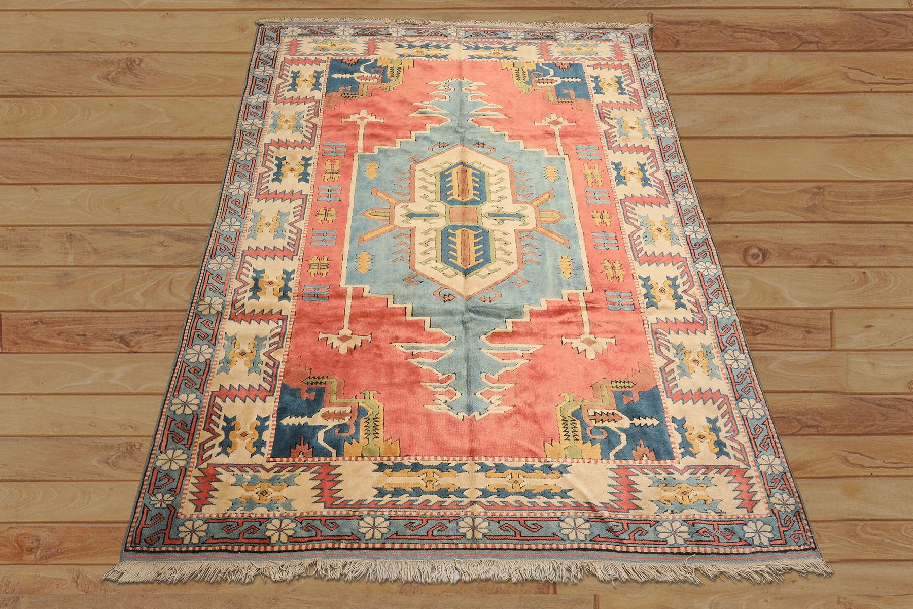 7x9 Rose, Aqua, Ivory Color Hand Knotted Turkish Sultanhan Wool Traditional Oriental Rug