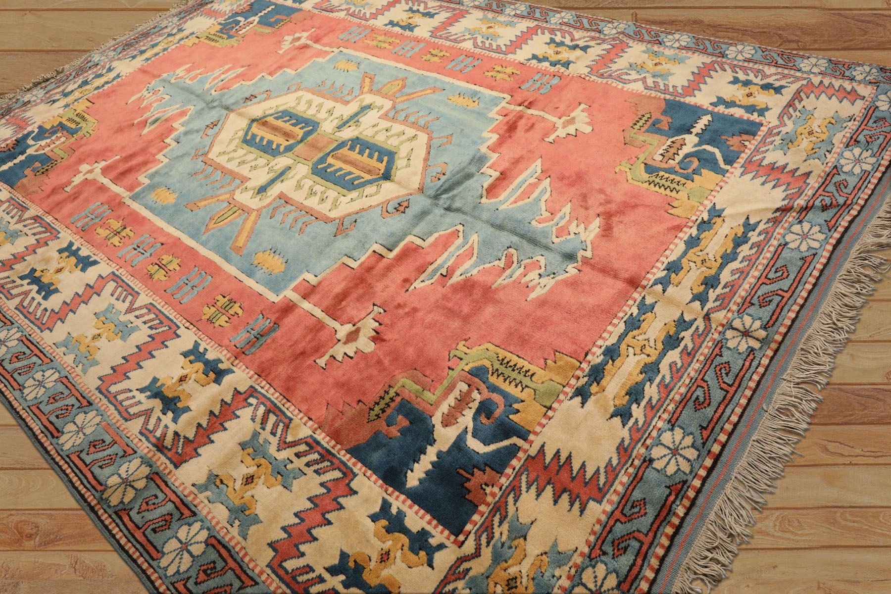 7x9 Rose, Aqua, Ivory Color Hand Knotted Turkish Sultanhan Wool Traditional Oriental Rug