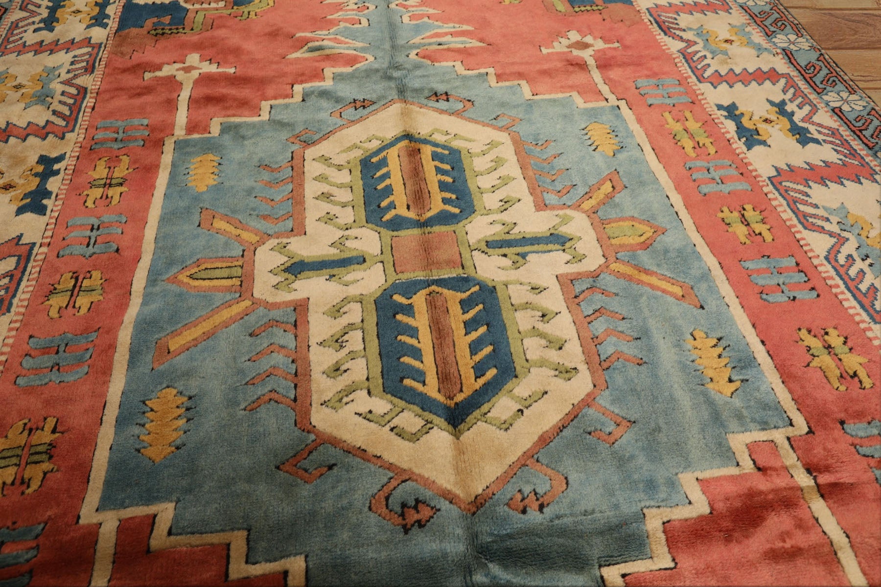 7x9 Rose, Aqua, Ivory Color Hand Knotted Turkish Sultanhan Wool Traditional Oriental Rug