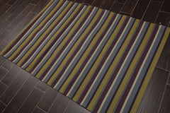 4x6 Blue, Mustard, Purple Color Machine Made Striped 100% Wool Contemporary Oriental Rug