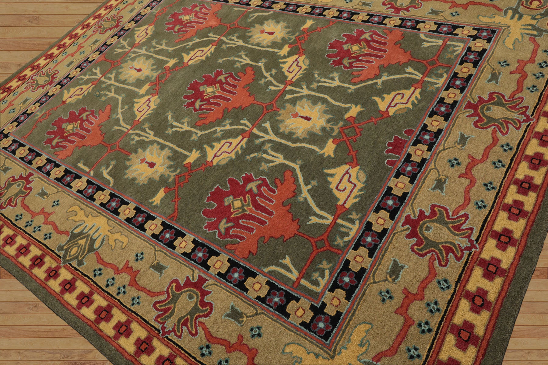 Multi Color Multi Size Hand Tufted Handmade 100% Wool Donegal Branches Arts & Crafts Oriental Area Rug Gray with Green undertone, Moss Color