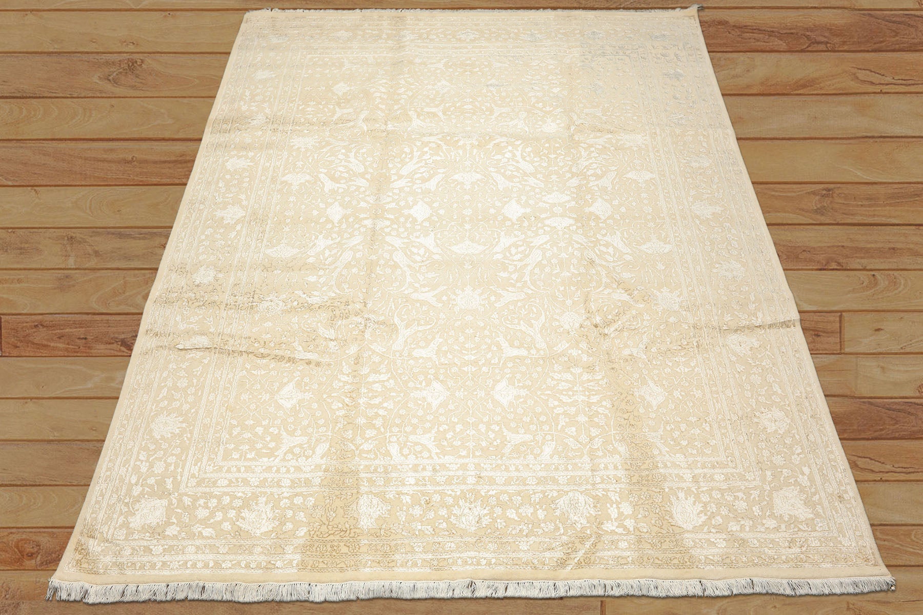 9x12 Tone on Tone Ivory, , Color Hand Knotted Tibetan Wool & Bamboo Silk Transitional Oriental Rug