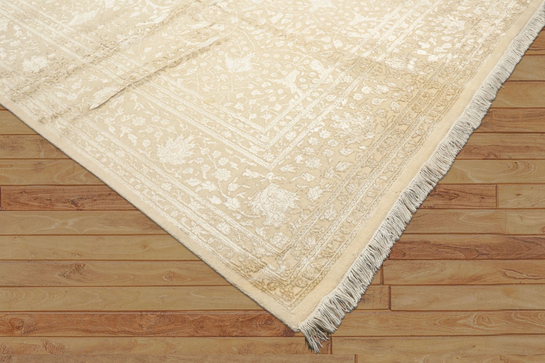 9x12 Tone on Tone Ivory, , Color Hand Knotted Tibetan Wool & Bamboo Silk Transitional Oriental Rug