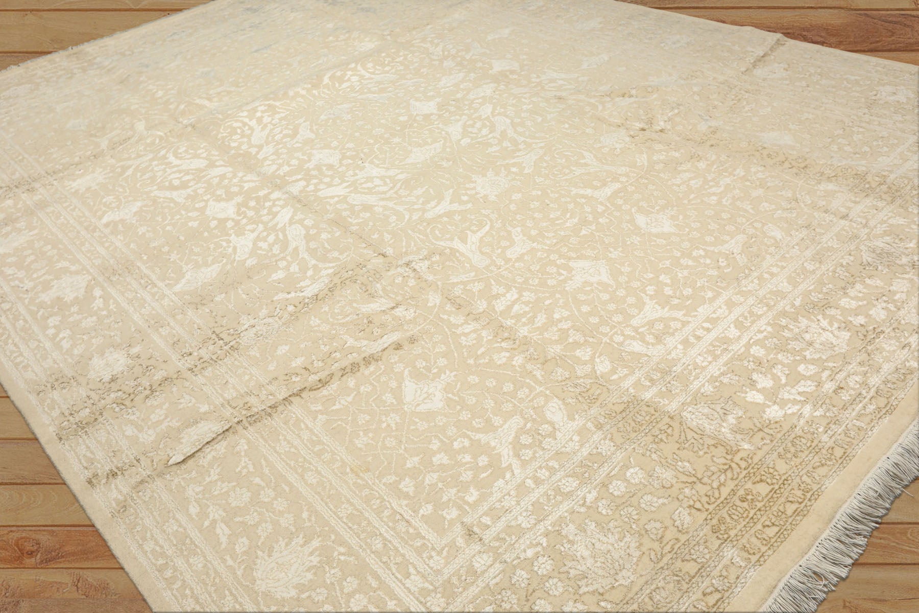 9x12 Tone on Tone Ivory, , Color Hand Knotted Tibetan Wool & Bamboo Silk Transitional Oriental Rug