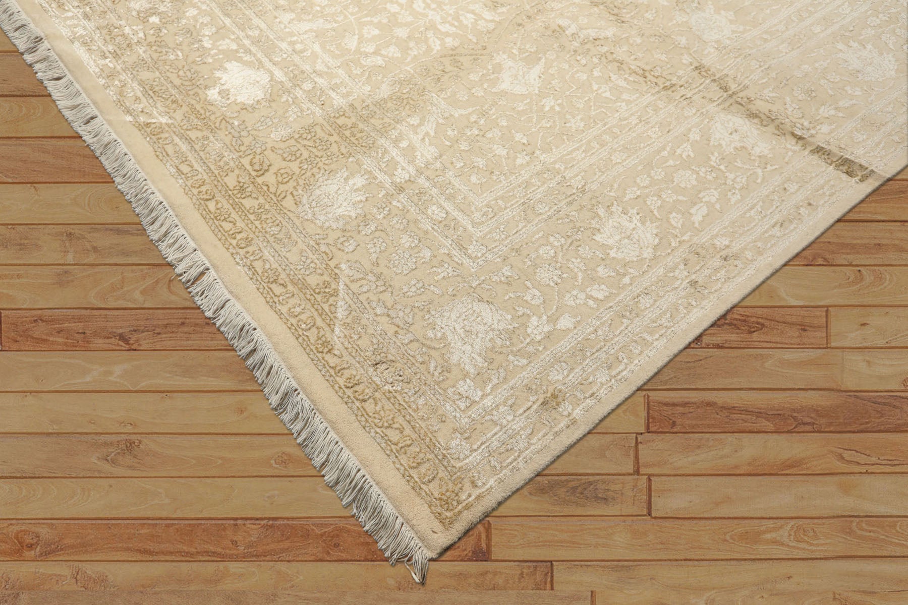 9x12 Tone on Tone Ivory, , Color Hand Knotted Tibetan Wool & Bamboo Silk Transitional Oriental Rug