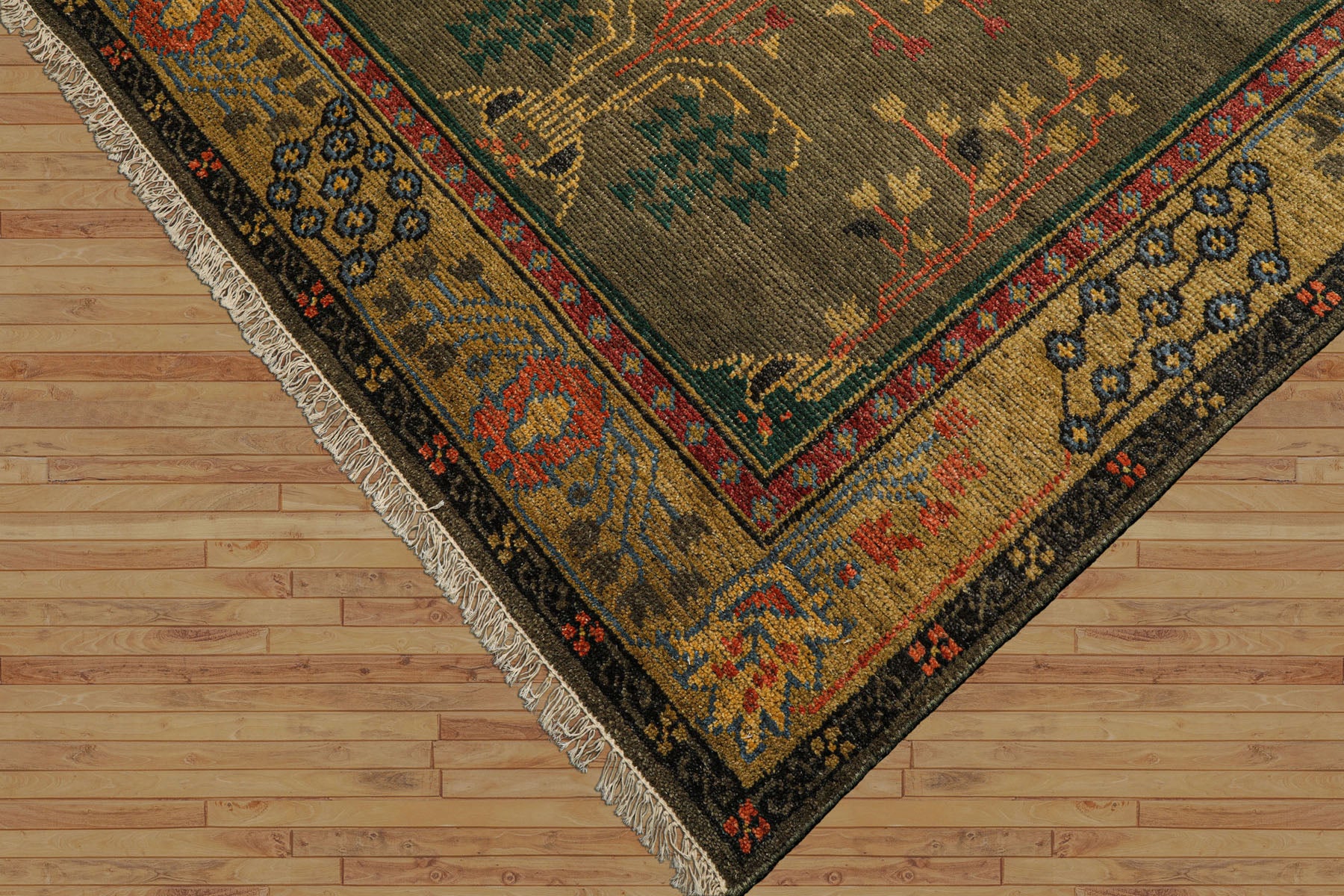 LoomBloom Multi Size Green Wool Hand Knotted Donegal Arts & Crafts Oriental Rug