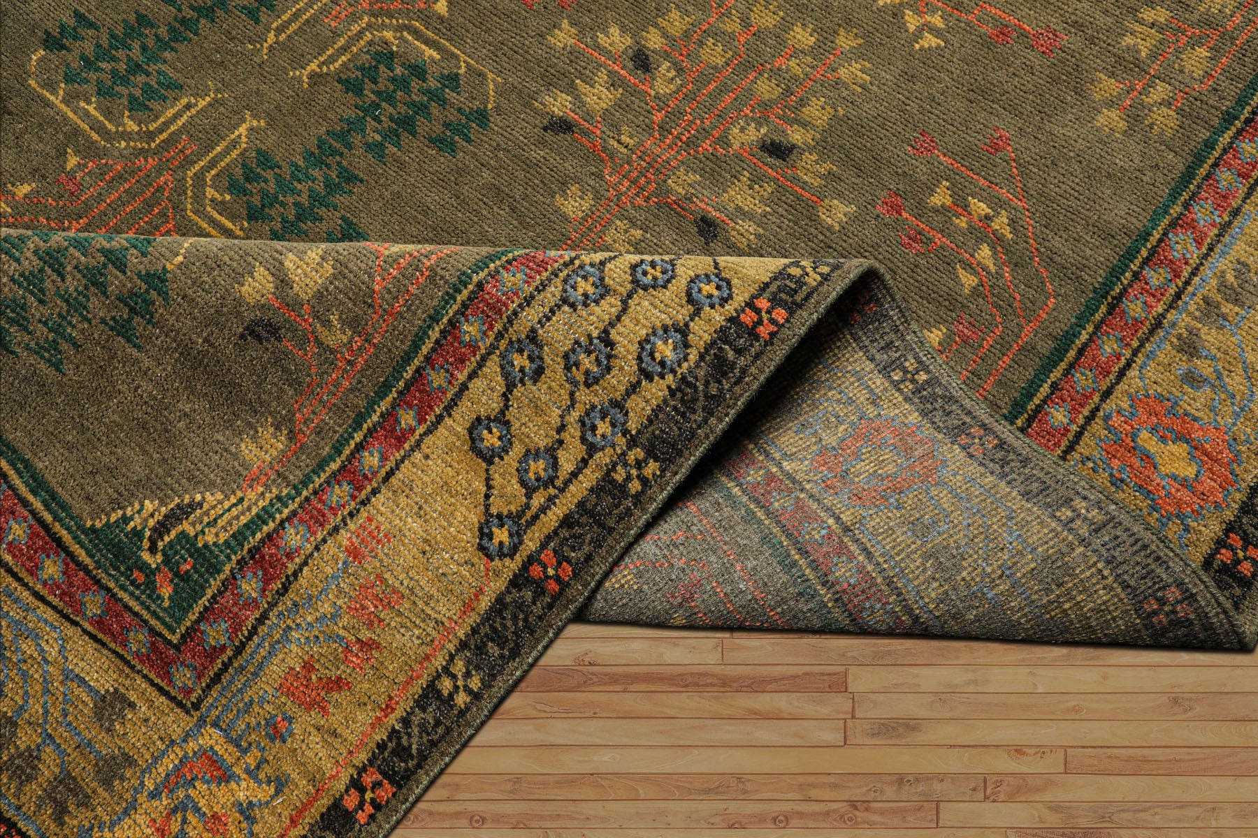 LoomBloom Multi Size Green Wool Hand Knotted Donegal Arts & Crafts Oriental Rug