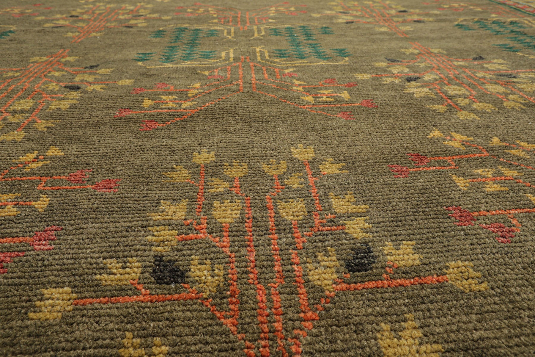 LoomBloom Multi Size Green Wool Hand Knotted Donegal Arts & Crafts Oriental Rug