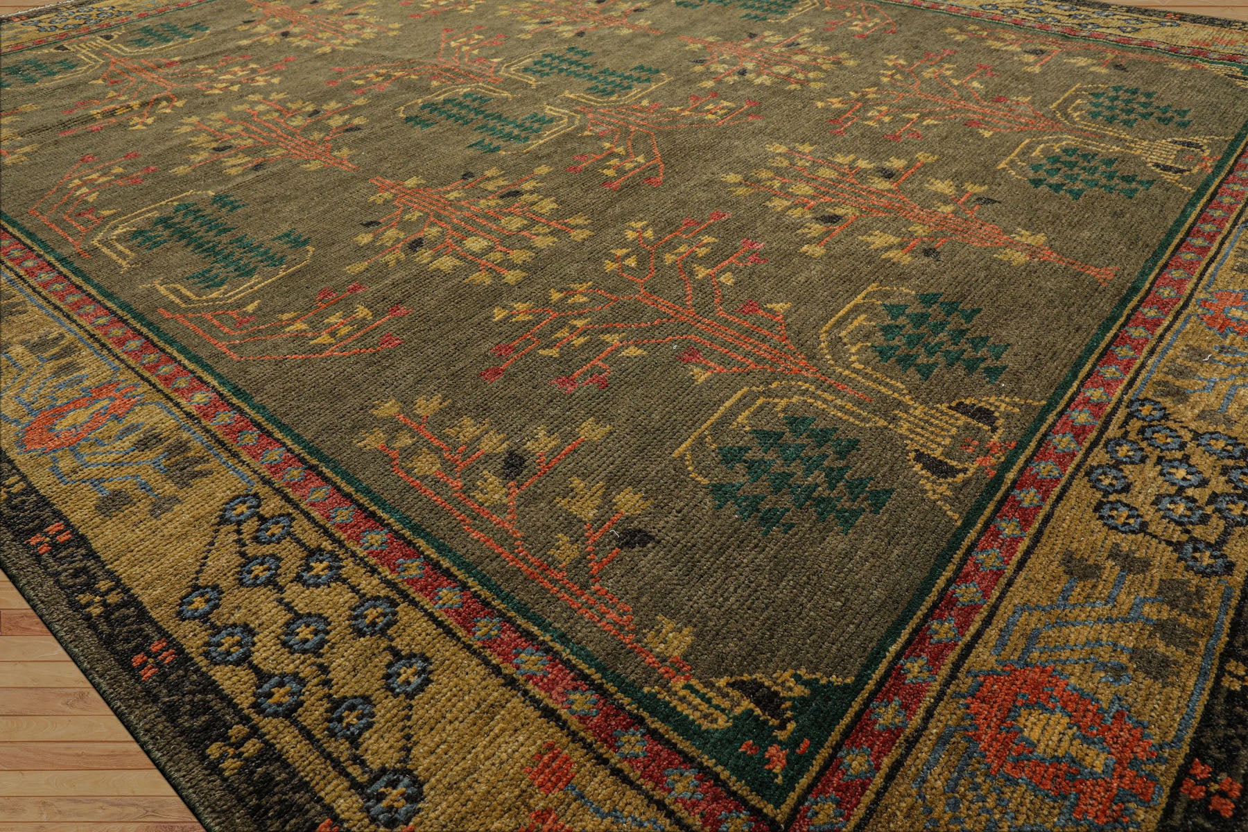 LoomBloom Multi Size Green Wool Hand Knotted Donegal Arts & Crafts Oriental Rug