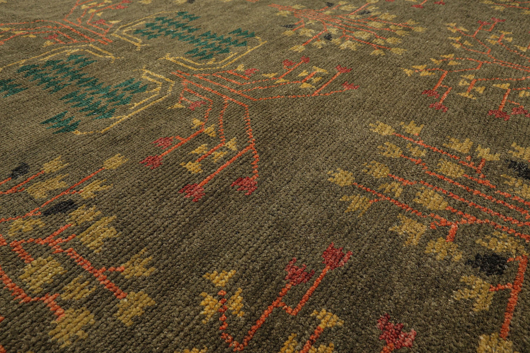 LoomBloom Multi Size Green Wool Hand Knotted Donegal Arts & Crafts Oriental Rug