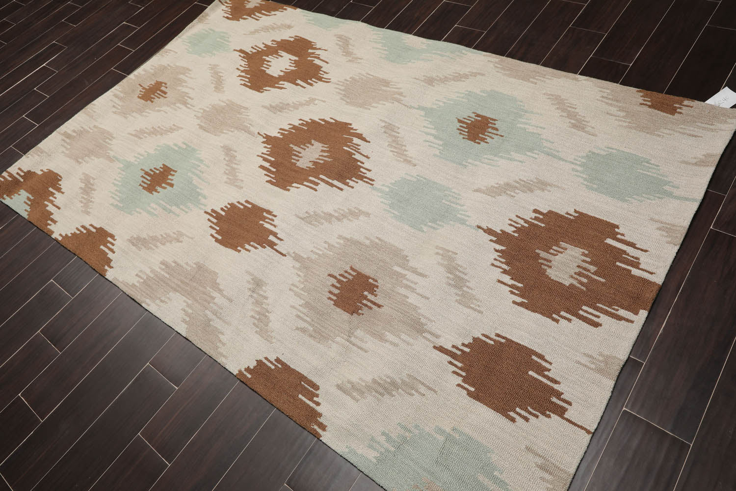 5x7 Beige, Tan, Aqua Color Hand Tufted Ikat 100% Wool Contemporary Oriental Rug