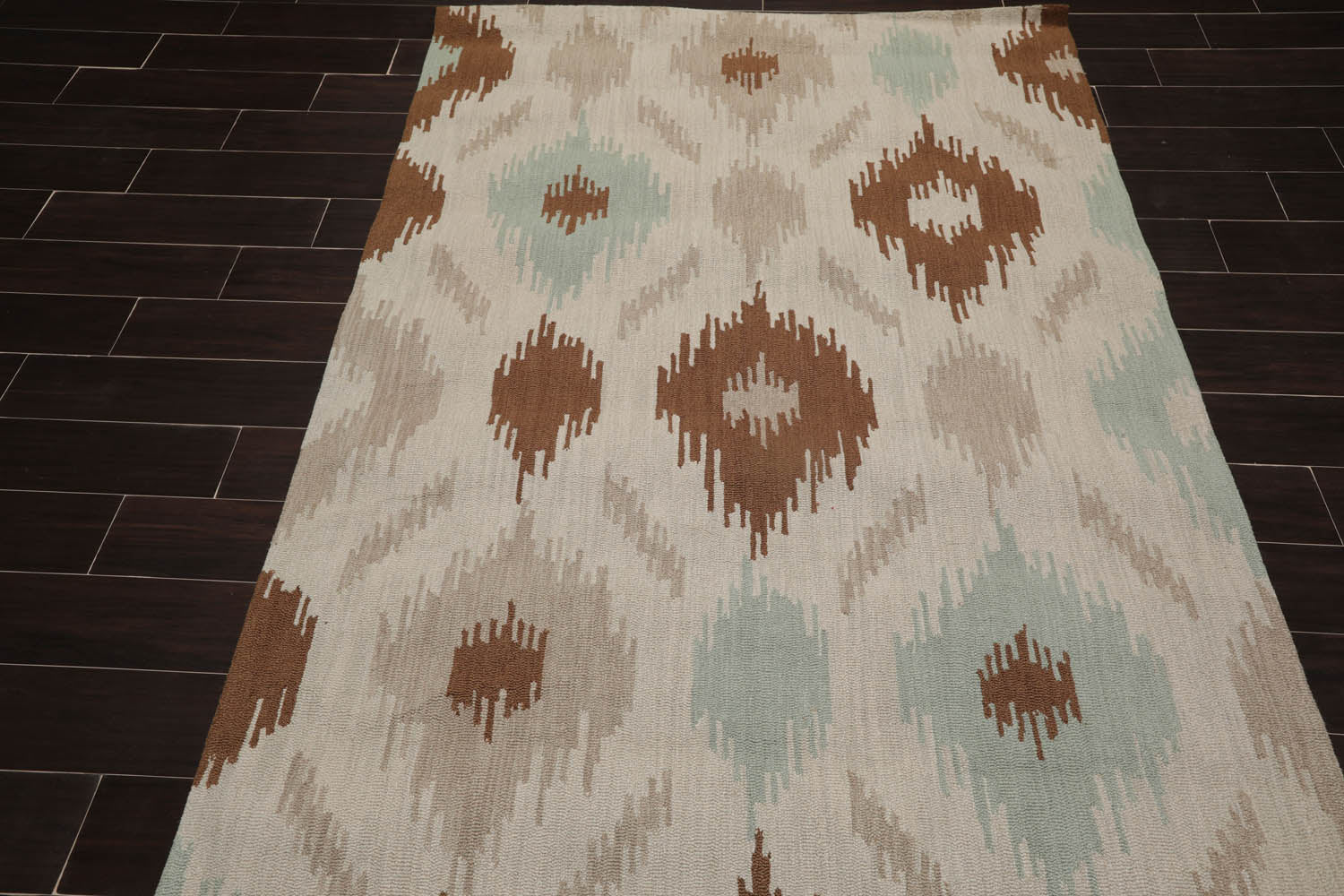 5x7 Beige, Tan, Aqua Color Hand Tufted Ikat 100% Wool Contemporary Oriental Rug