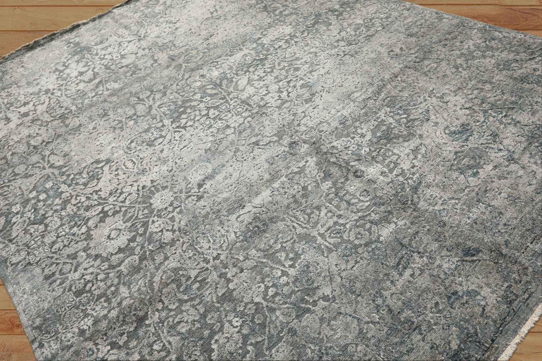 8x10 Aqua, Silver, Gray Color Hand Knotted Sherpa Wool & Bamboo Silk Modern & Contemporary Oriental Rug