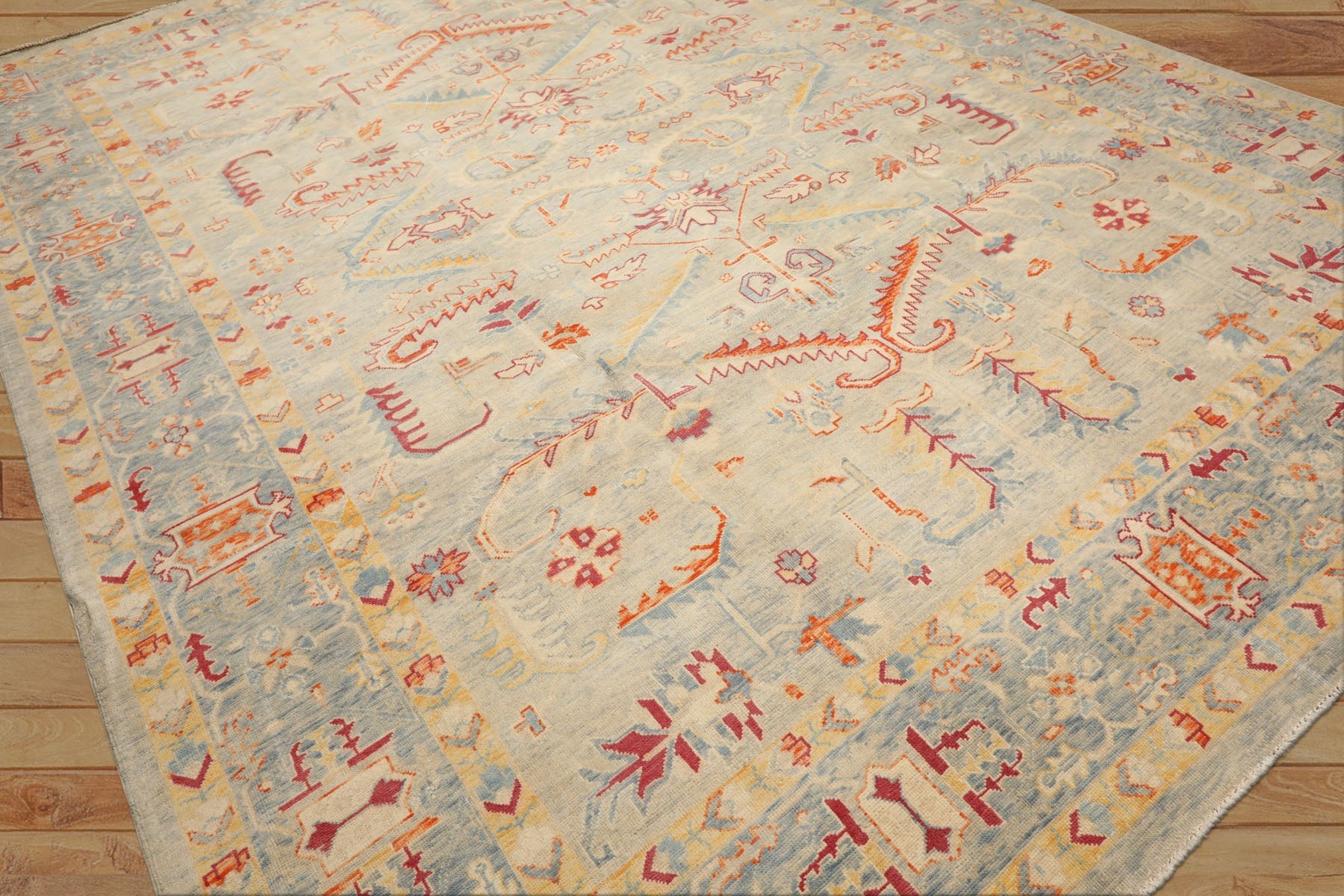 9x12 Aqua, Beige, Gold Color Hand Knotted Peshawar Wool Traditional Oriental Rug