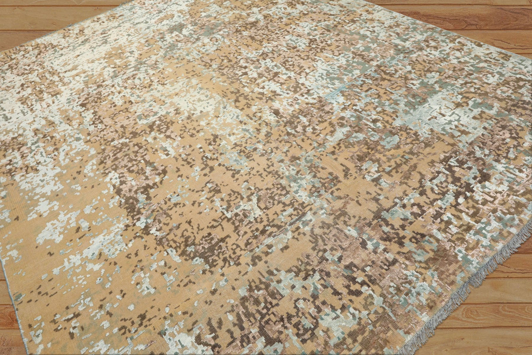 8x10 Camel, Aqua, Brown Color Hand Knotted Sherpa Wool & Bamboo Silk Modern & Contemporary Oriental Rug