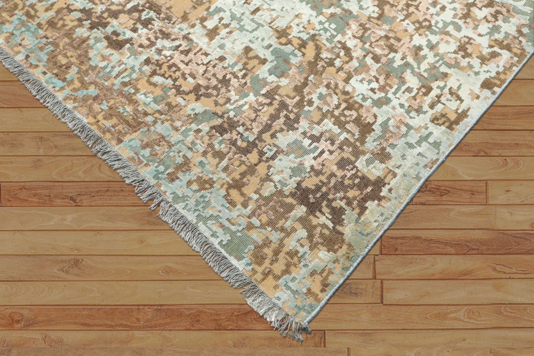 8x10 Camel, Aqua, Brown Color Hand Knotted Sherpa Wool & Bamboo Silk Modern & Contemporary Oriental Rug