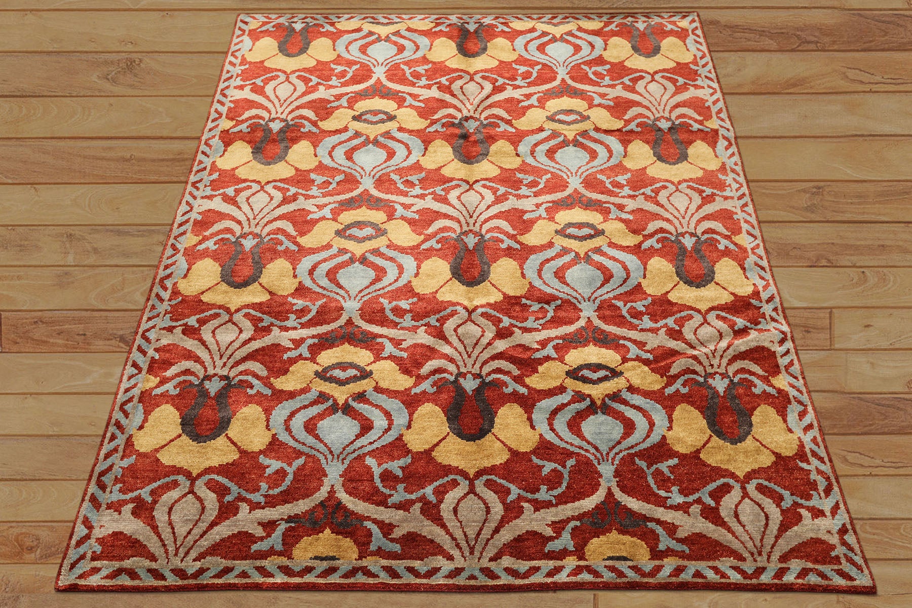 8x10 Burnt Orange, Aqua, Gray Color Hand Knotted Tibetan Wool Traditional Oriental Rug