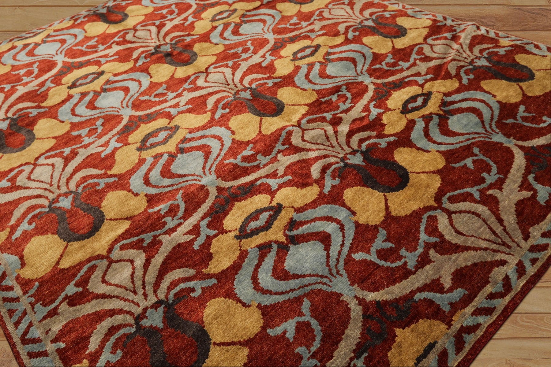8x10 Burnt Orange, Aqua, Gray Color Hand Knotted Tibetan Wool Traditional Oriental Rug