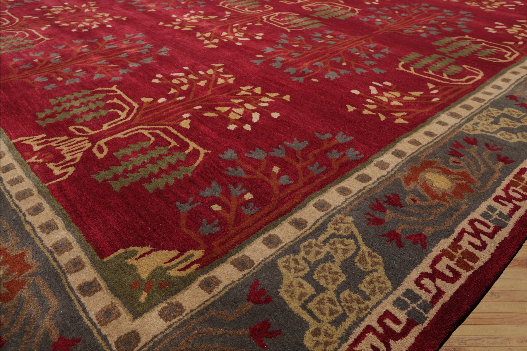Multi Color Multi Size Hand Tufted Handmade 100% Wool Donegal Branches Arts & Crafts Oriental Area Rug Gray with Green undertone, Moss Color