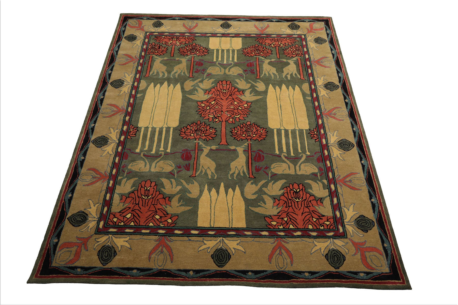 LoomBloom 8'x10' Green Hand Tufted Wool Rug in an Arts & Crafts William Morris Style