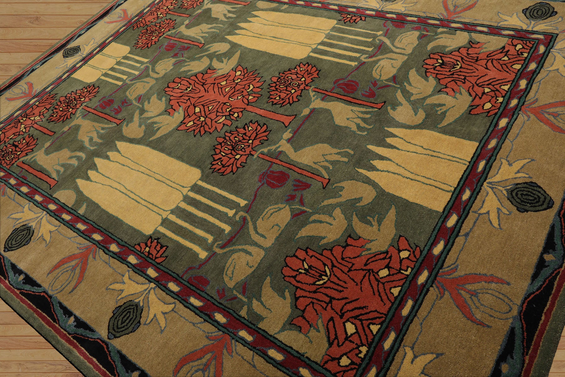 LoomBloom 8'x10' Green Hand Tufted Wool Rug in an Arts & Crafts William Morris Style