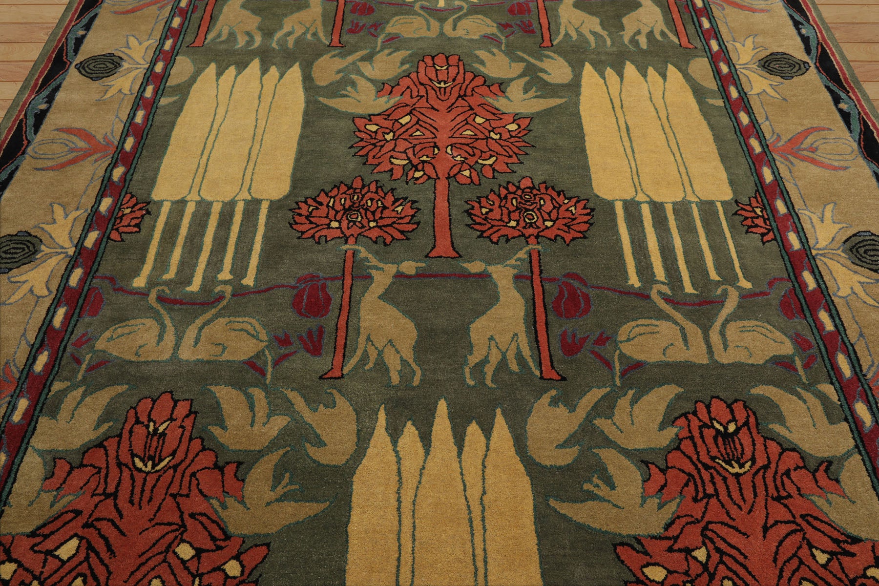 LoomBloom 8'x10' Green Hand Tufted Wool Rug in an Arts & Crafts William Morris Style