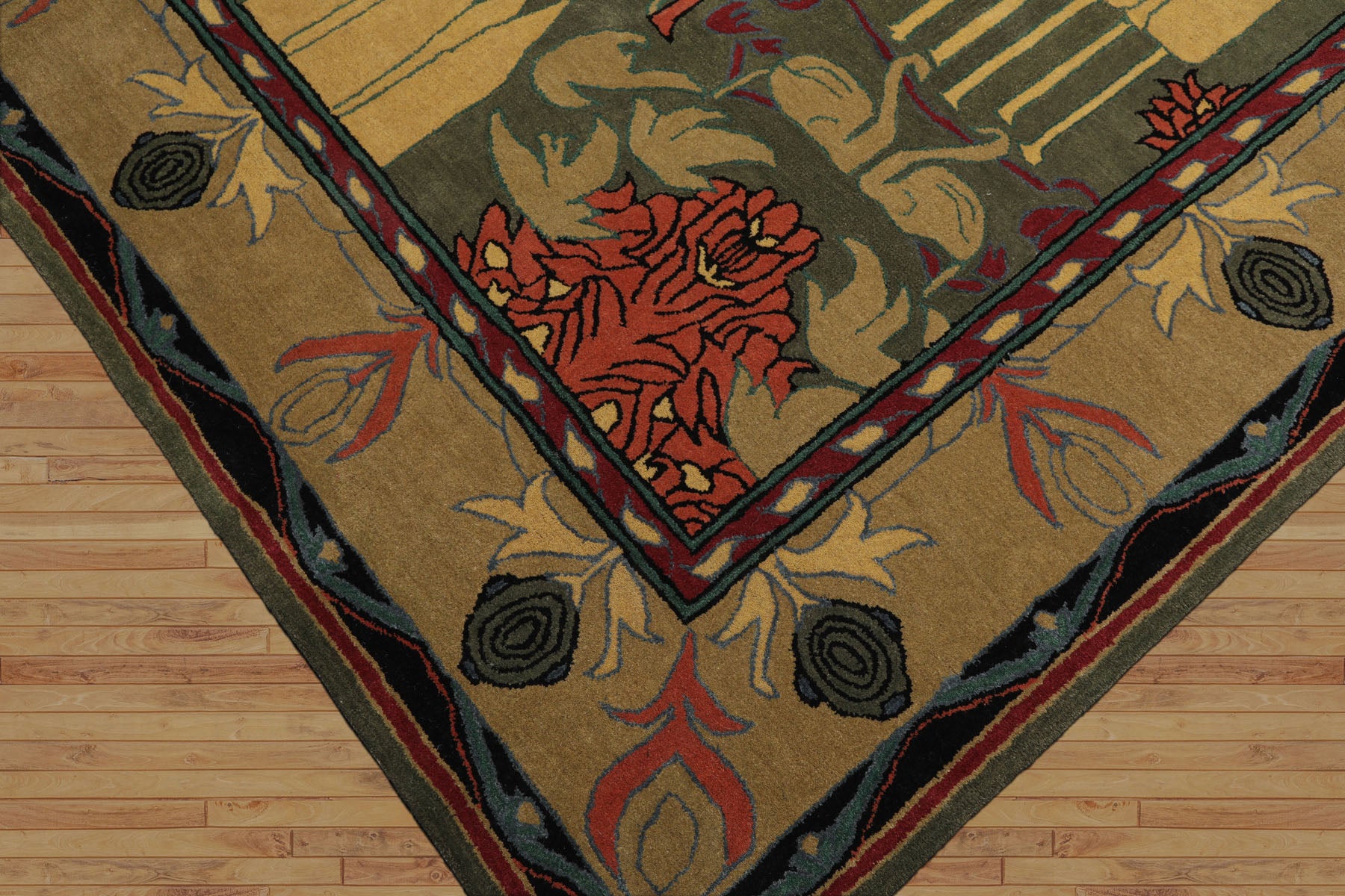 LoomBloom 8'x10' Green Hand Tufted Wool Rug in an Arts & Crafts William Morris Style