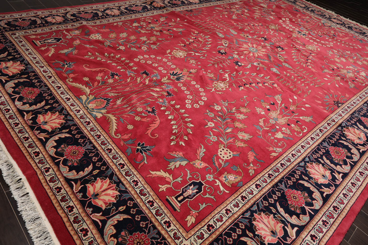 Palace Rose, Midnight Blue, Ivory Color Hand Knotted All-Over 100% Wool Traditional Oriental Rug