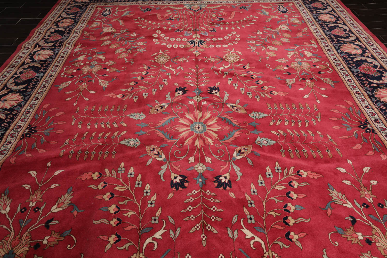 Palace Rose, Midnight Blue, Ivory Color Hand Knotted All-Over 100% Wool Traditional Oriental Rug
