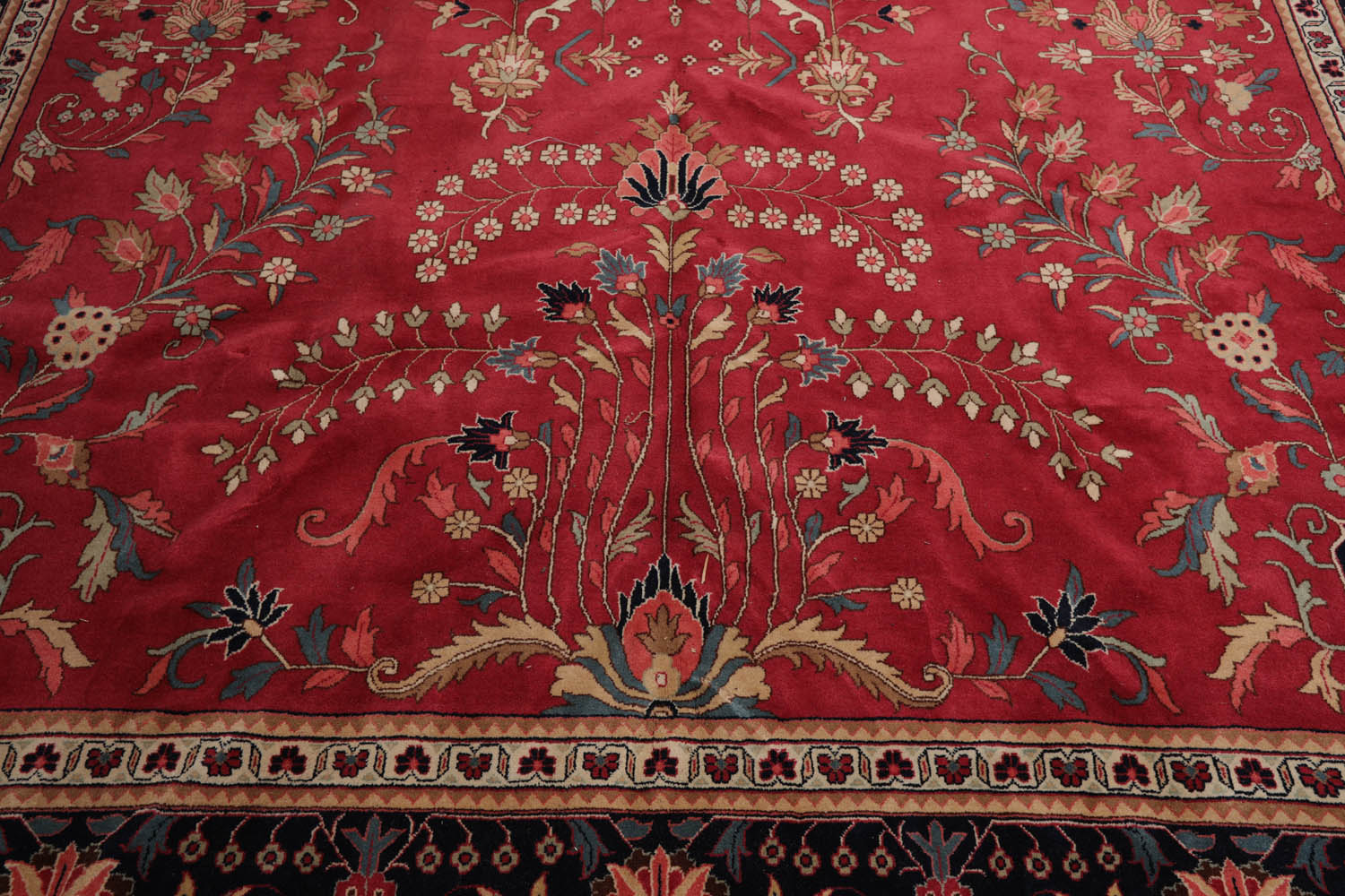 Palace Rose, Midnight Blue, Ivory Color Hand Knotted All-Over 100% Wool Traditional Oriental Rug