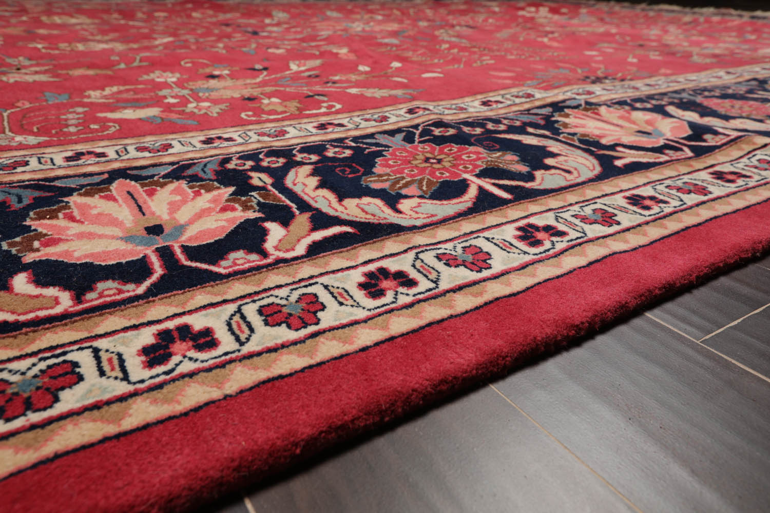 Palace Rose, Midnight Blue, Ivory Color Hand Knotted All-Over 100% Wool Traditional Oriental Rug