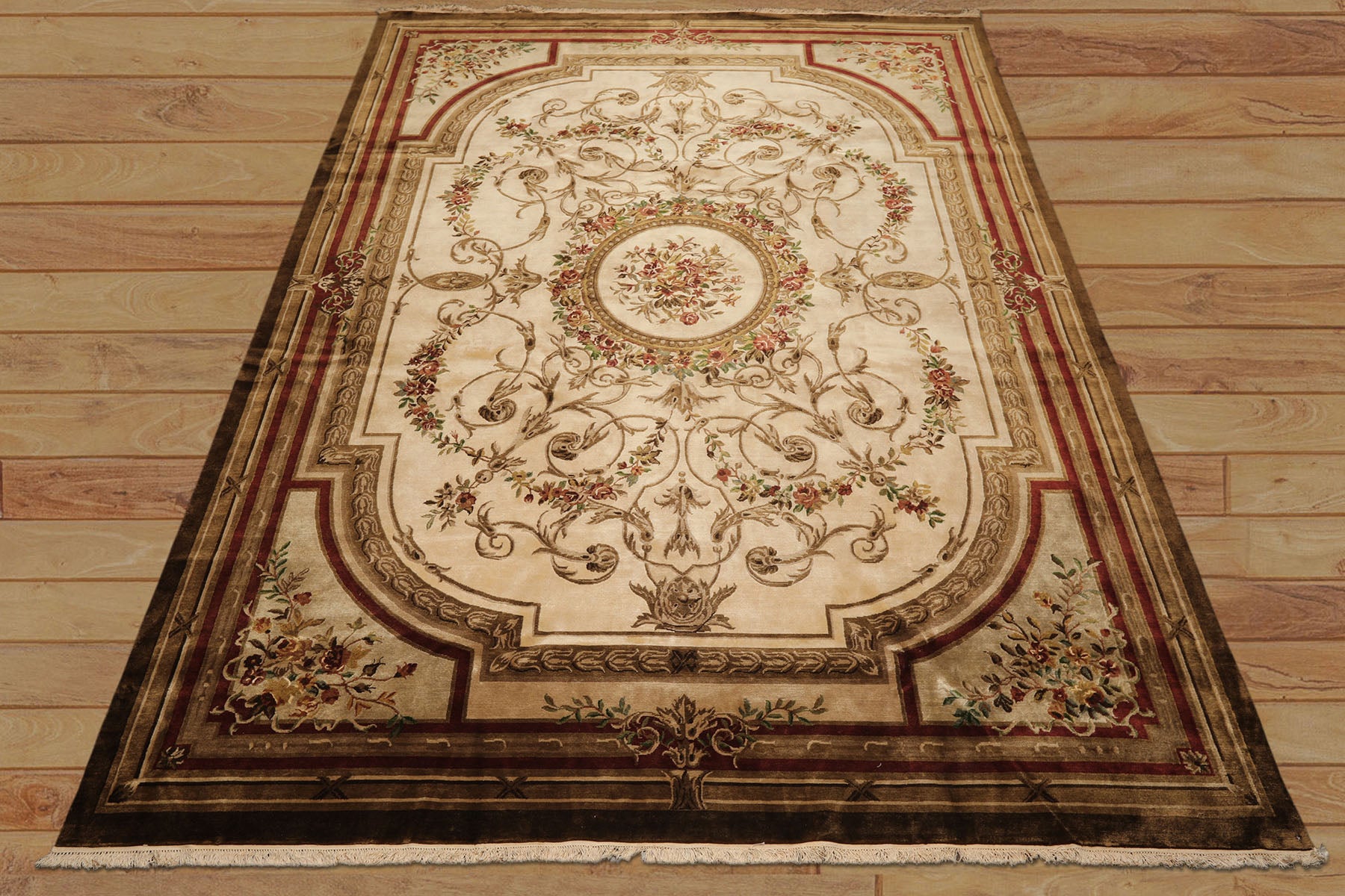 9x12 Ivory, Brown, Maroon Color Hand Knotted French Aubusson Savonnerie New Zealand Wool Traditional Oriental Rug