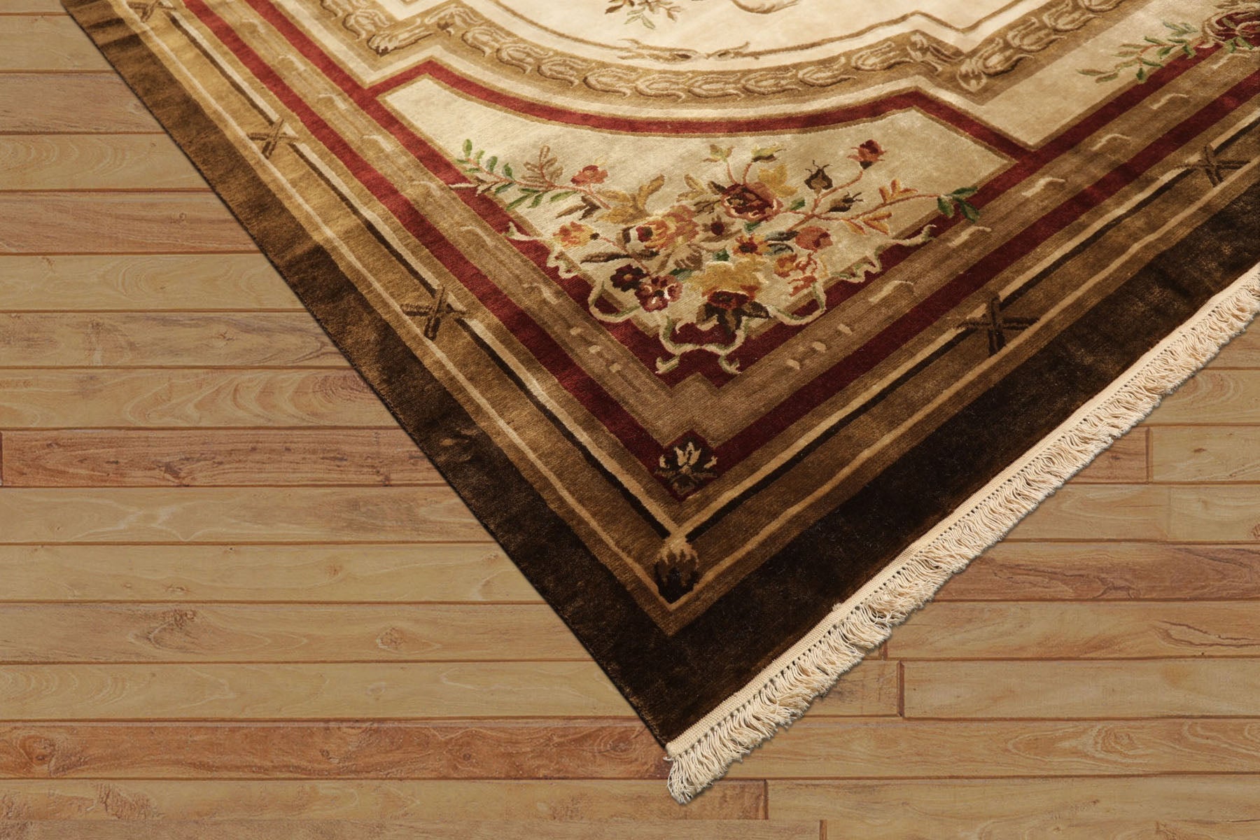 9x12 Ivory, Brown, Maroon Color Hand Knotted French Aubusson Savonnerie New Zealand Wool Traditional Oriental Rug