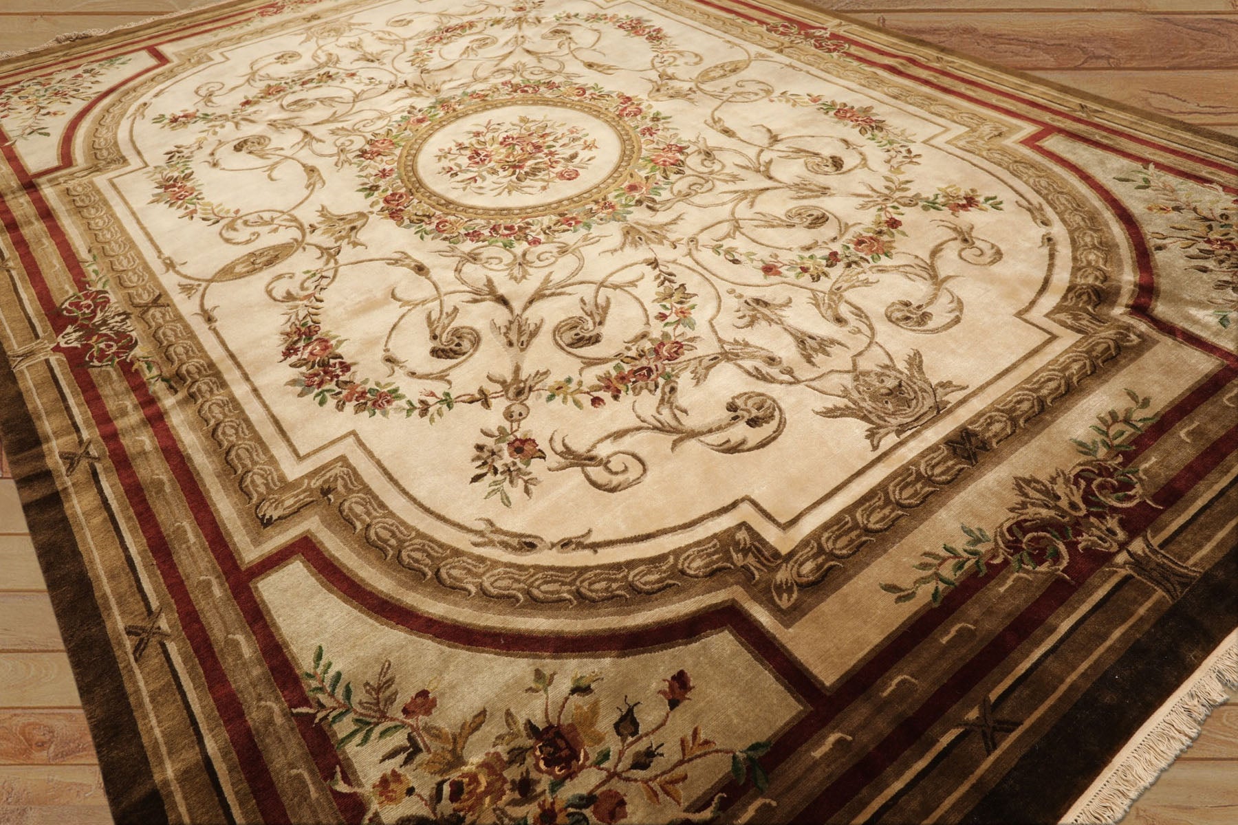9x12 Ivory, Brown, Maroon Color Hand Knotted French Aubusson Savonnerie New Zealand Wool Traditional Oriental Rug