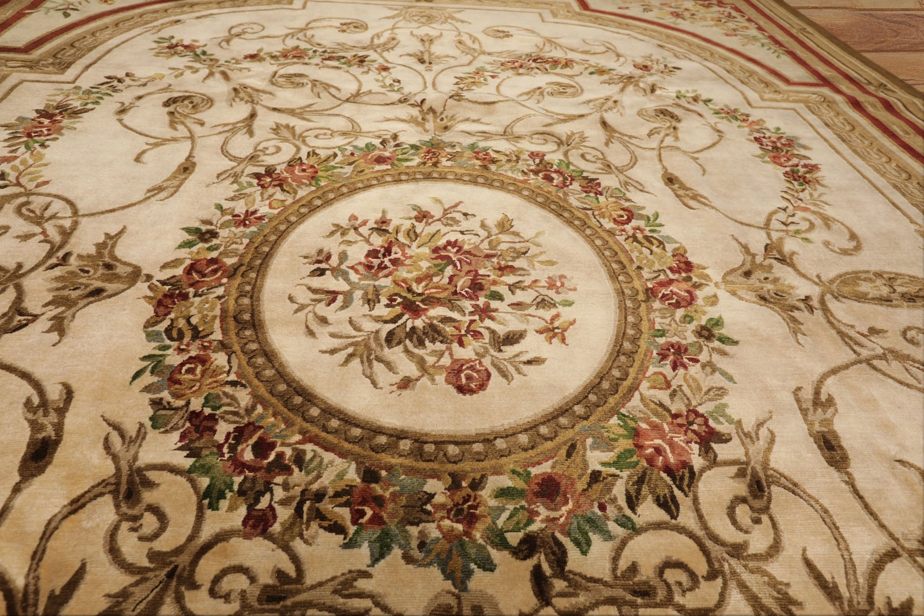 9x12 Ivory, Brown, Maroon Color Hand Knotted French Aubusson Savonnerie New Zealand Wool Traditional Oriental Rug
