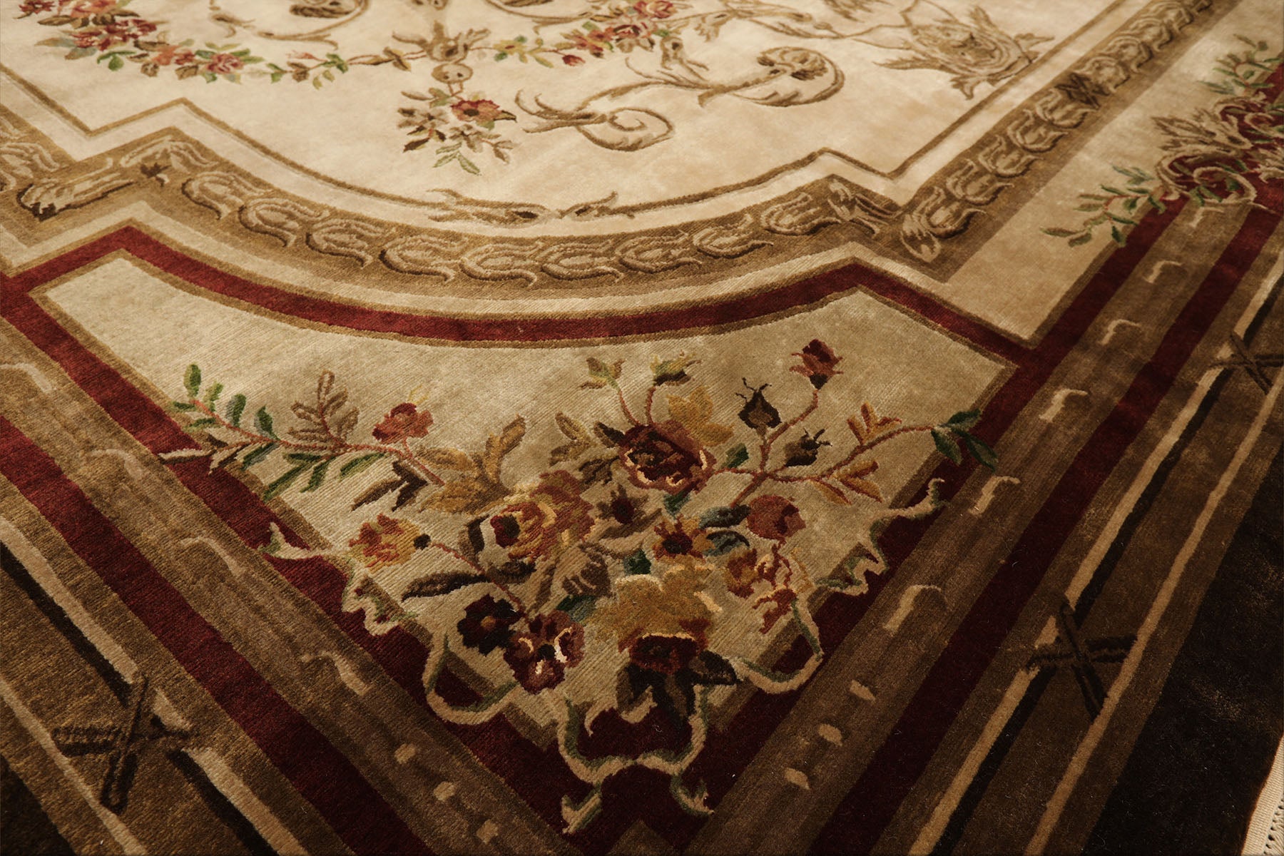 9x12 Ivory, Brown, Maroon Color Hand Knotted French Aubusson Savonnerie New Zealand Wool Traditional Oriental Rug