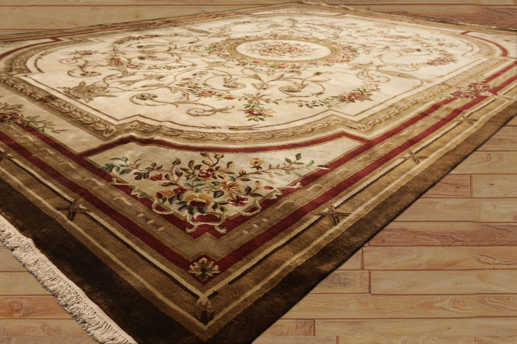 9x12 Ivory, Brown, Maroon Color Hand Knotted French Aubusson Savonnerie New Zealand Wool Traditional Oriental Rug